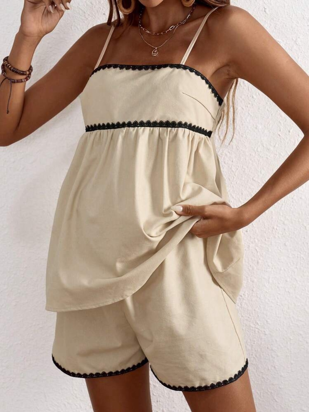 Beige Spaghetti-Strap Camisole Top w/ Black Crochet Trim